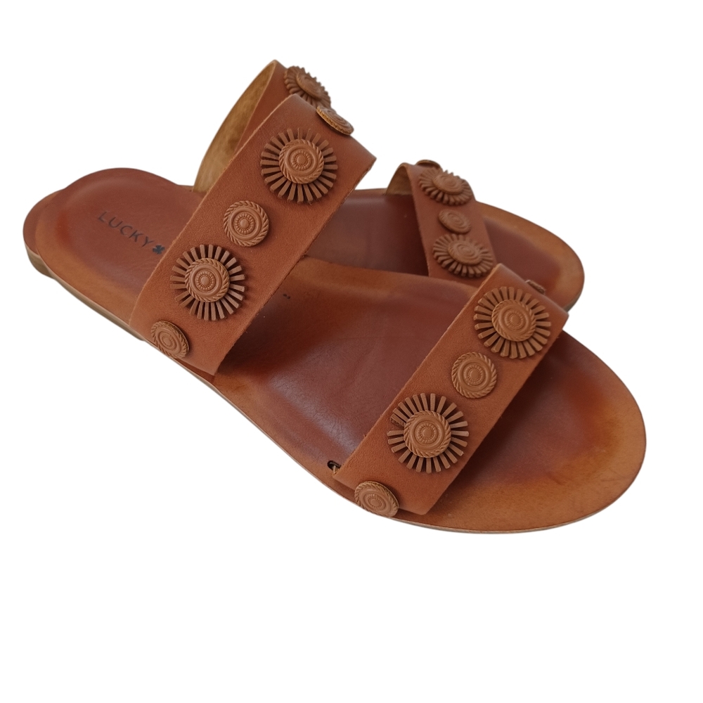 Lucky Brand Sandals Adalyn Brown Leather Open Toe Slip On Boho Hippie Womens 7.5